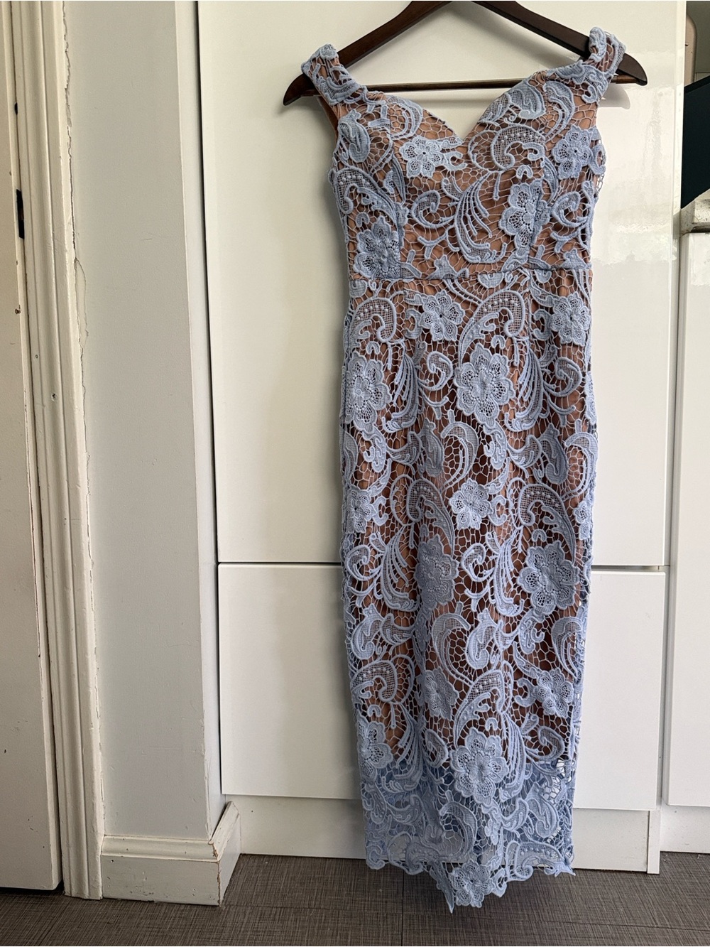 Sleeveless Powder Blue Lace Midi Dress with Floral Overlay